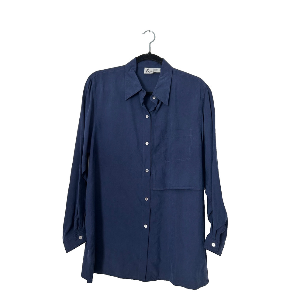 Fiji Silk Shirt Womens Size L Navy Blue Long Sleeve Button Up Big Patch Pocket